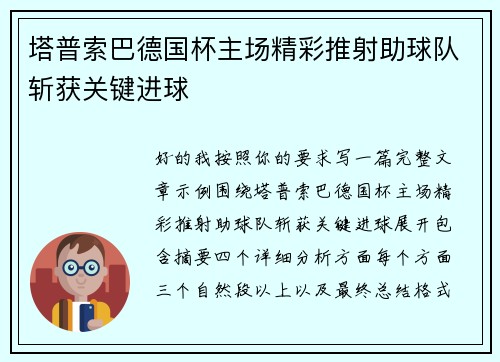 塔普索巴德国杯主场精彩推射助球队斩获关键进球